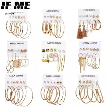 IF ME 12 шт./компл. золотые серьги в стиле ретро с бабочкой и жемчугом, кисточкой, элегантные геометрические серьги с бриллиантами, ювелирные аксессуары 1