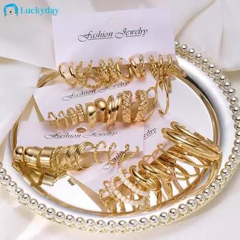 IF ME 24 пары/компл. комплект золотых серег с искусственным жемчугом, многослойные серьги-кольца в стиле ретро для женщин, ювелирные аксессуары