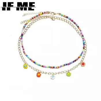 IF ME 2 шт. богемные разноцветные цепочки из бисера, ожерелья для женщин, металлическая цепочка в стиле бохо золотого цвета, бусины ручной работы, ожерелье с цветком, ювелирные изделия NS54063