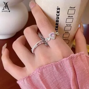 IF ME 2 шт./компл., сладкий комплект открытых колец для женщин, роскошные серебряные кольца с розовым кристаллом и сердцем, аксессуары, ювелирные изделия