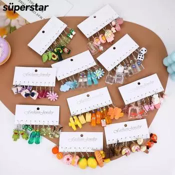 IF ME 5 пар/компл. серебряные серьги с цветком и крючками, комплект для женщин, серьги-подвески с героями мультфильмов, аксессуары, подарок 4