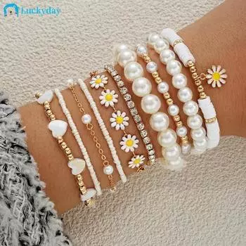 IF ME 5 шт./компл., комплект браслетов с цветком ромашки, браслеты-цепочки в форме сердца из бисера для женщин, ювелирные аксессуары