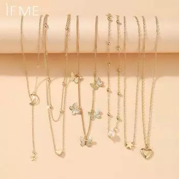 IF ME 6-Piece Set of Light Luxury Fashionable Alloy Necklace Retro Personality Multi-layer Pendant Moon Peach Heart Necklace