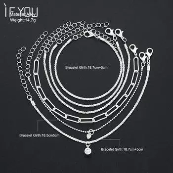 IF ME 6 шт./компл. Цирконий Серебряные Цепные Браслеты Набор для Женщин Сердце Браслет Аксессуары Ювелирные Изделия