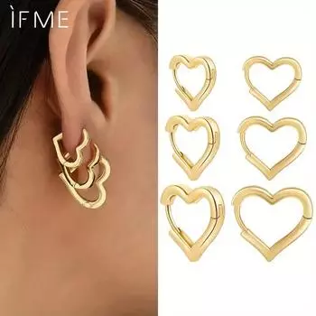 IF ME 6PCS Fashion Stainless Steel Smooth Heart Hoop Earrings For Women Simple Gold Color Punk Buckle Love Piercing Earring Korean Jewelry