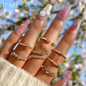 IF ME 7PCS Boho Knuckle Stacking Rings Set Gifts for Women Teen Girls Dainty Gold Zircon Crystal Moon Snake Joint Knot Mid Ring золотой