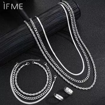 IF ME 8pcs Stainless Steel Ring, Bracelet, Necklace Set, Steel Color Men s and Women s Hip-hop Jewelry Accessories, A Gift for Son and Husband