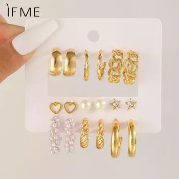IF ME 9 пар/компл. элегантные серьги-кольца с искусственным жемчугом и золотым кольцом, серьги-гвоздики с кристаллами и звездами в виде сердца для женщин, ювелирные аксессуары