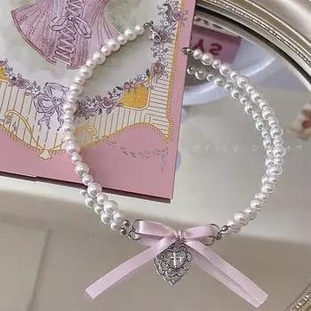 IF ME элегантное ожерелье из искусственного жемчуга для женщин, модный розовый бант, кулон в виде креста и сердца, колье, аксессуары, ювелирные изделия