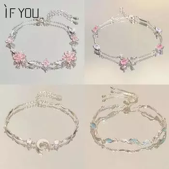 IF ME элегантный регулируемый браслет с розовым кристаллом и бантом для женщин, серебряная цепочка с луной, аксессуары, ювелирные изделия bowknot