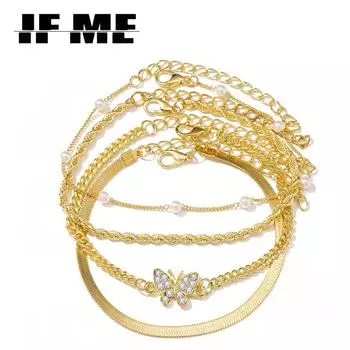 IF ME богемный золотой цвет, многослойные браслеты с кристаллами и бабочками для женщин, жемчужные бусины, пляжный браслет на щиколотке, цепочка для ног, ювелирные изделия