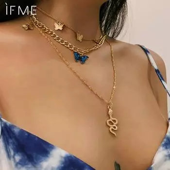 IF ME Butterfly Pendant Necklace Snake Pendant Jewelry Three-layered Hollow Chain Necklace with Butterfly Snake Pendants for Wear золотистый