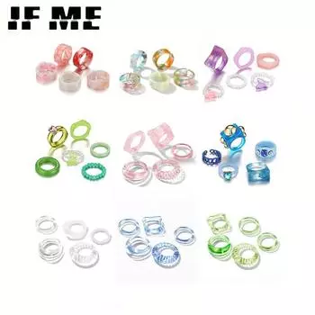 IF ME Корейские красочные прозрачные акриловые кольца из смолы, набор для женщин, модное квадратное круглое кольцо с геометрическим рисунком, свадебные украшения 53225