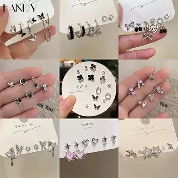 IF ME корейские серьги-бабочки, комплект серег-гвоздиков с цирконием и клевером для женщин, Y2K, аксессуары, ювелирные изделия 3