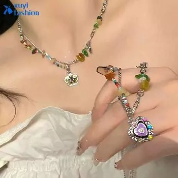 IF ME красочные хрустальные бусины ожерелье для женщин камень звезда улыбка сердце кулон ожерелья s серебряная цепочка аксессуары ювелирные изделия 1