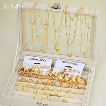 iF ME Шикарный комплект украшений для женщин из 62 предметов - серьги, кольца и ожерелья с сердечками, бабочками, геометрическими узорами. Подарочные украшения.