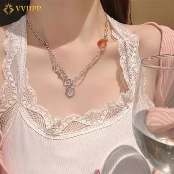 IF ME сладкое розовое сердечко ожерелье красочный камень циркон серебряная цепочка колье для женщин ювелирные аксессуары