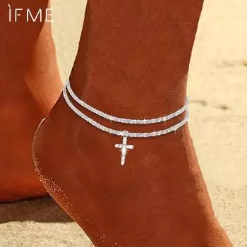 iF ME Сверкающий медный браслет на лодыжку с цепочкой для женщин, циркониевый сердечный крест, двухслойный браслет на ногу, модные летние пляжные украшения