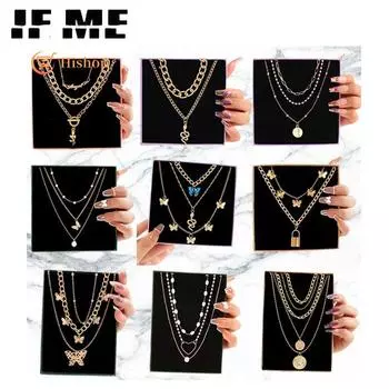 IF ME винтажное многослойное ожерелье с жемчугом и бабочкой, золотого цвета, кулон, колье-цепочка, женские ювелирные аксессуары [без коробки] Style 20