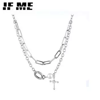 IF ME винтажное ожерелье с подвеской в виде креста с жемчугом и кристаллами, серебряная цепочка, многослойные ожерелья, мужские ювелирные аксессуары