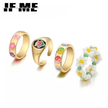 IF ME винтажные кольца с золотыми сердечками, комплект для женщин, модное розовое, зеленое цветное кольцо из смолы с цветком и сердечком, оптовая продажа ювелирных изделий Style 24