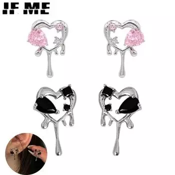 IF ME винтажные розовые и черные серьги с цирконием в форме сердца для женщин, корейские серебряные серьги-гвоздики, аксессуары, ювелирные изделия 1