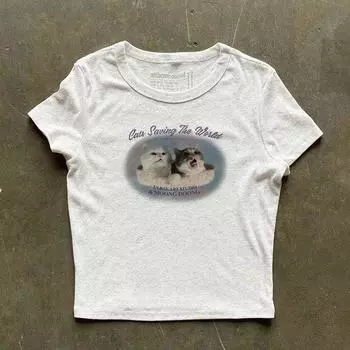 Igeumm 230G Heavy Weight American Retro Cat Niche Style Sweet Sexy Shoulder Silm Slim Looking Short Sleeve T-shirt Top Flower ash S