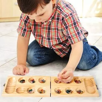 Игра «Бамбуковая манкала» со складной деревянной доской для 2 игроков, цветные шахматы из натурального камня, дорожная игрушка для детей и взрослых, обучающая стратегическая игра с галькой