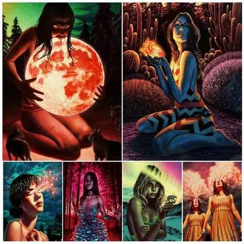 Игра «Девушка на Луне», художественная ткань «Огненная стена», напечатанная в сюрреалистическом лесу, постер в стиле фэнтези «Грибная девушка», декоративная печать без рамки 21*30cm