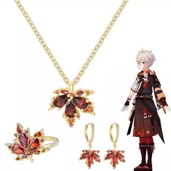 Игра Genshin Impact Kaedehara Kazuha, кольцо для косплея, женское ожерелье, серьги, ювелирные изделия, регулируемый кулон в виде кленового листа, колье-гвоздики для ушей