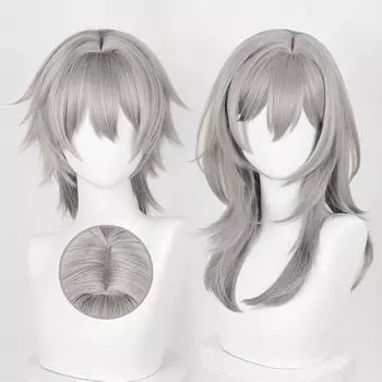 Игра Хонкай: Парик для косплея Star Rail Trailblazer Caelus Stelle с челкой, длинные, короткие, прямые, серые синтетические волосы, парики + шапочка для парика One Size