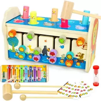 Игра с молотком и ксилофон, детская игрушка Монтессори, деревянная игрушка 4-в-1, кубик для моторики со скамейкой, детская игрушка, игра с молотком в подарок 25*15*11cm,No music