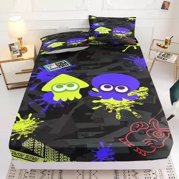 Игра, Splatoon, Печатный домашний комплект из 2/3 предметов, 1 простыня на резинке, универсальный, подходит для детей и взрослых, полный комплект постельного белья 90x190x25cm