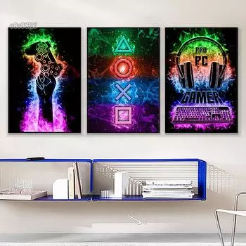 Игра в игру, настенная живопись на холсте, неоновая живопись, игровая ручка, геймеры, цитаты, холст, постеры, Интернет-кафе, украшение для киберспортивной комнаты 21x30 No Frame