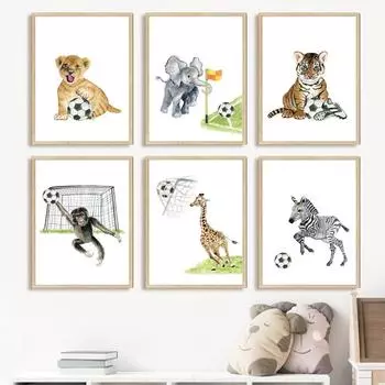 Играть в футбол, детский постер, лев, жираф, слон, тигр, зебра, настенная живопись, холст, картина, настенные панно, декор для детской комнаты A4 21X30cm No Framed