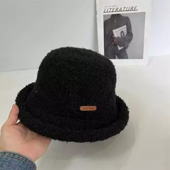 Игривая шляпа-панама с загнутыми краями, плюшевый шарик, теплая утолщенная шляпа-ведро на осень и зиму, милая шляпка-цилиндр, подходит для круглого лица, тренд M56-58cm чёрный