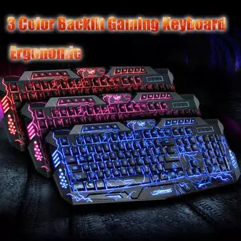 Игровая эргономичная клавиатура, светодиодная 3-цветная проводная USB-клавиатура с подсветкой, водонепроницаемая компьютерная клавиатура