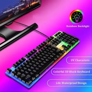 Игровая клавиатура Проводная клавиатура 104 клавиши Плавающие кнопки Радужная подсветка Клавиатура для ноутбука ПК