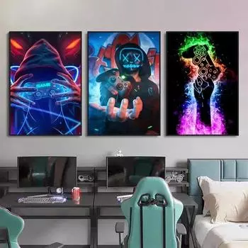 Игровая комната в стиле панк, геймпад, холст, картины, постеры и принты, настенные художественные фотографии, геймер для мальчиков, декор для детской комнаты, подарок без рамки 21*30cm