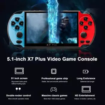 Игровая консоль 5,1 дюйма X7 Plus, портативные игровые плееры, двойной рокер, 8 ГБ встроенной памяти, 1000 игр, игровой контроллер Mp5