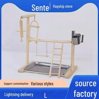 Игровая площадка для попугаев из цельного дерева: Подставка для птиц с контейнером для еды из нержавеющей стали, палкой и лестницей null