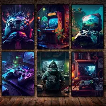 Игровой арт на холсте, гравюра, панк, взрывной контроллер, постер, игровой контроллер, аркадная игра, настенное искусство, киберспорт 21cm30cm NoFrame