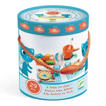 Игровой домик столовая посуда еда 1 год 18 месяцев обучающий кухонный набор DJECO время ужина набор котенка, набор, ингредиенты, тарелки, набор, девочки, старый, старые, игрушки,