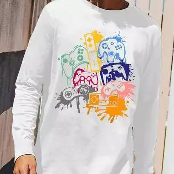 Игровой контроллер Граффити Принт Мужские футболки Длинные рукава Футболки Круглый вырез Повседневный свитер Мужская одежда Большие размеры XS белый