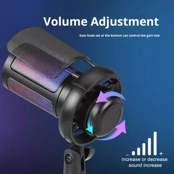 Игровой микрофон со штативом, шумоподавление, RGB-подсветка, дизайн, регулировка усиления, универсальный USB-микрофон с функцией Plug-Play чёрный