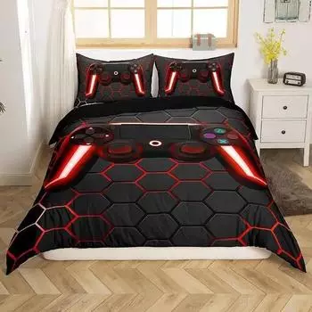 Игровой пододеяльник King Red Honeycomb Printed Комплект постельного белья из полиэстера Игровой красный и черный Новинка Геймпад Джойстики Пододеяльник 70x133cm 2pcs