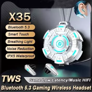 Игровые наушники X35 TWS Беспроводные наушники Bluetooth 5.3 с ожерельем HIFI Стерео гарнитуры с низкой задержкой и шумоподавлением Спортивные наушники серебряный