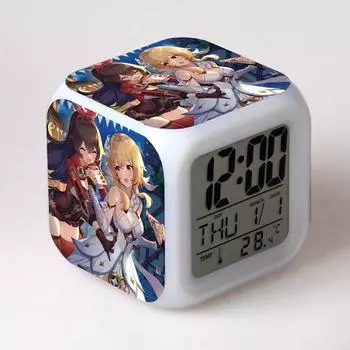 Игровые периферийные устройства Genshin Impact Цветной будильник, меняющий цвет, будильник Walnut Seven Seven Square Clock Подарки three batteries