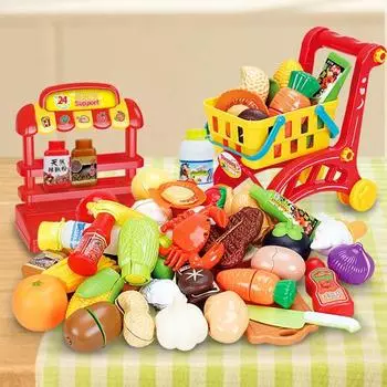 Игрушечная игра для резки еды для детей, игрушка-корзина для покупок, реалистичный звук резки фруктов, овощей, аксессуары, обучающая кухня, игровой набор для малышей, набор для еды 1 Set