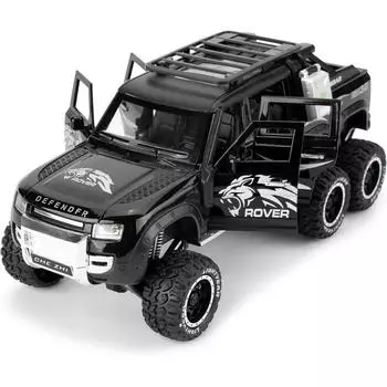 Игрушечная машина 1/24 Land Rover Defender Six Wheels Off Road Pickup Car Model, литой коллекционный грузовик с инерционным механизмом со звуком и огнями для детей и взрослых 1/24-Size:22*9.5*9.2cm чёрный